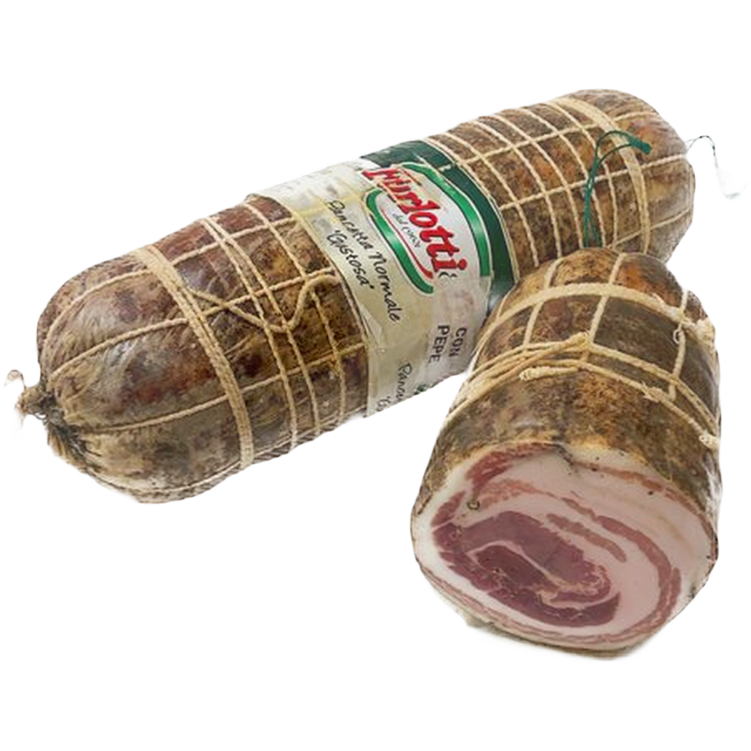 Pancetta arrotolata al pepe nero affettato 200 gr – Boczek zawijany, rolada w czarnym pieprzu w plasterkach 200 g bez tła