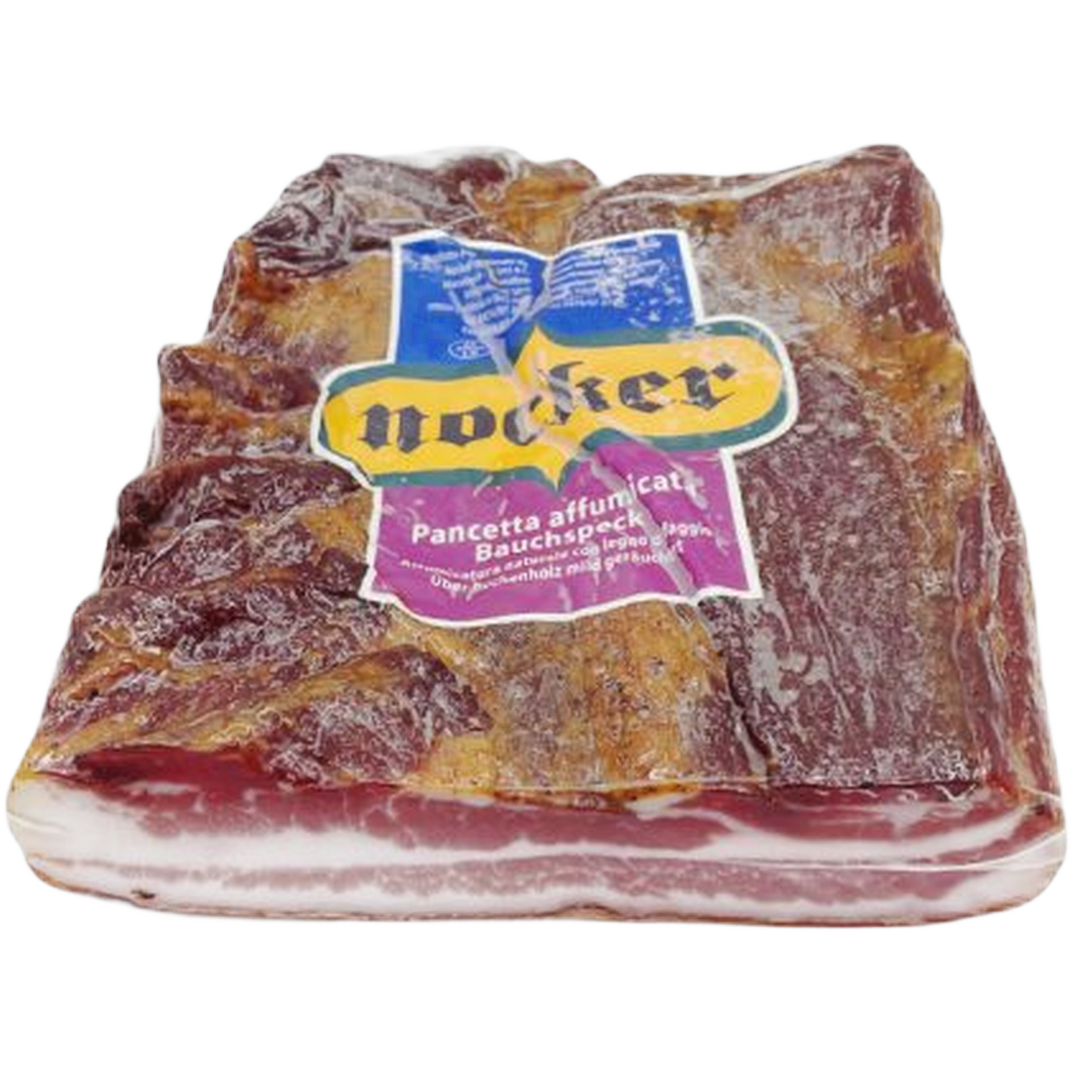 Pancetta affumicata Nocker fette 200 gr – Boczek dojrzewający wędzony 200 g bez tła