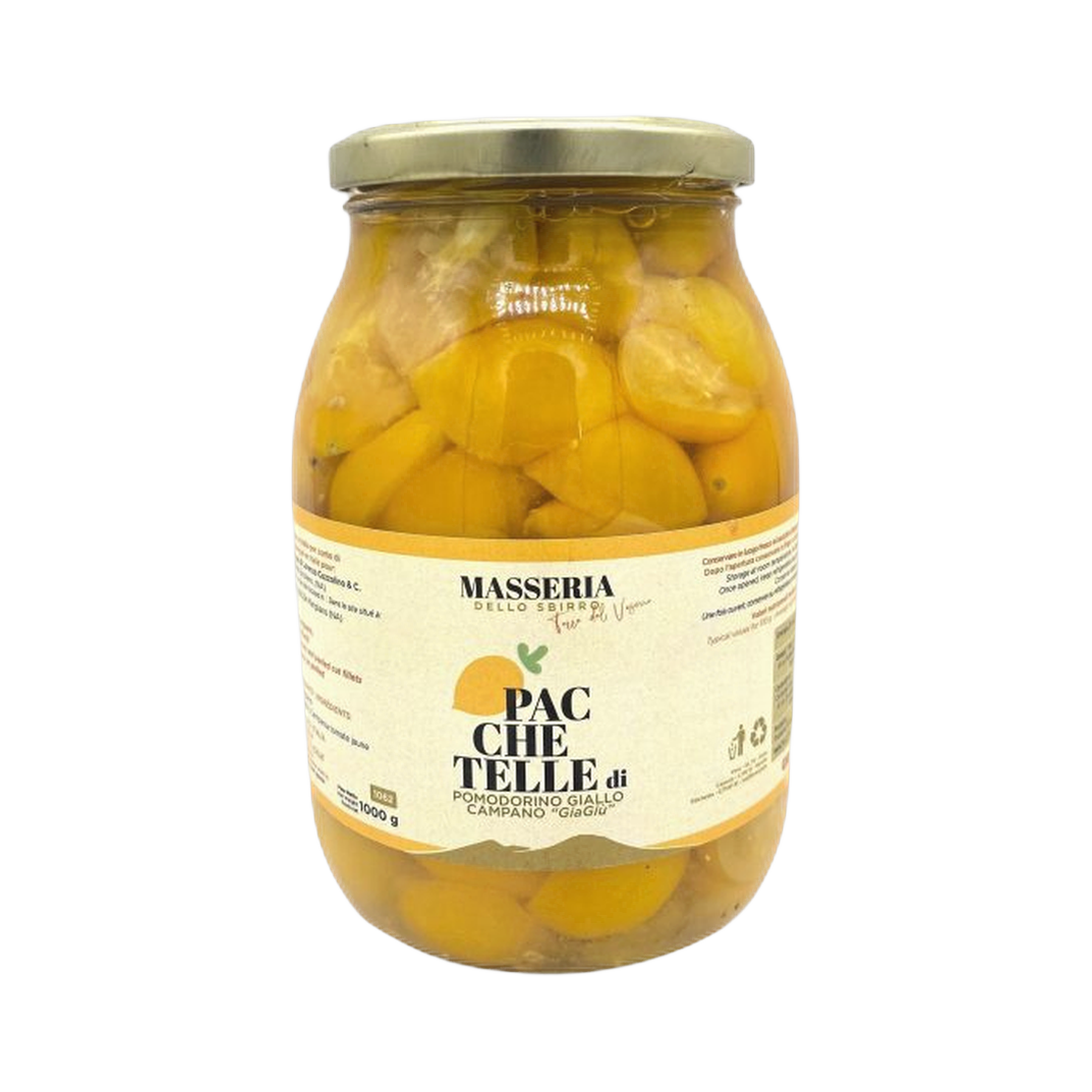 Pacchetelle di Pomodorino Giallo Campano 1 kg – Żółte pomidorki spod Wezuwiusza w słoiku 1 kg bez tła