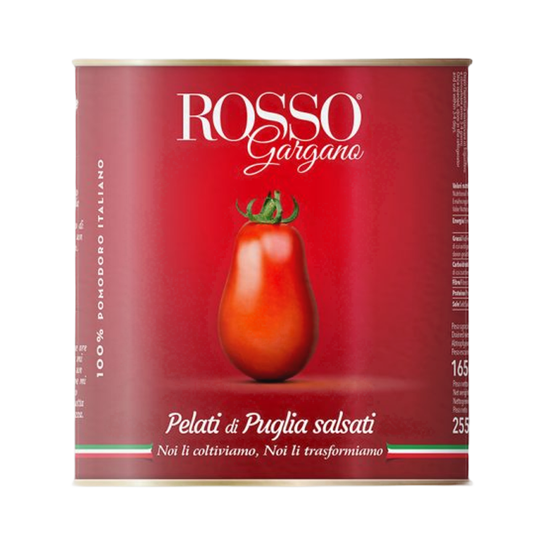 Pomodori pelati SALSATI Rosso Gargano Futuragri 2,55 kg x 6 – Włoskie pomidory bez skórki w soku pomidorowym 2,55 kg x 6 szt bez tła