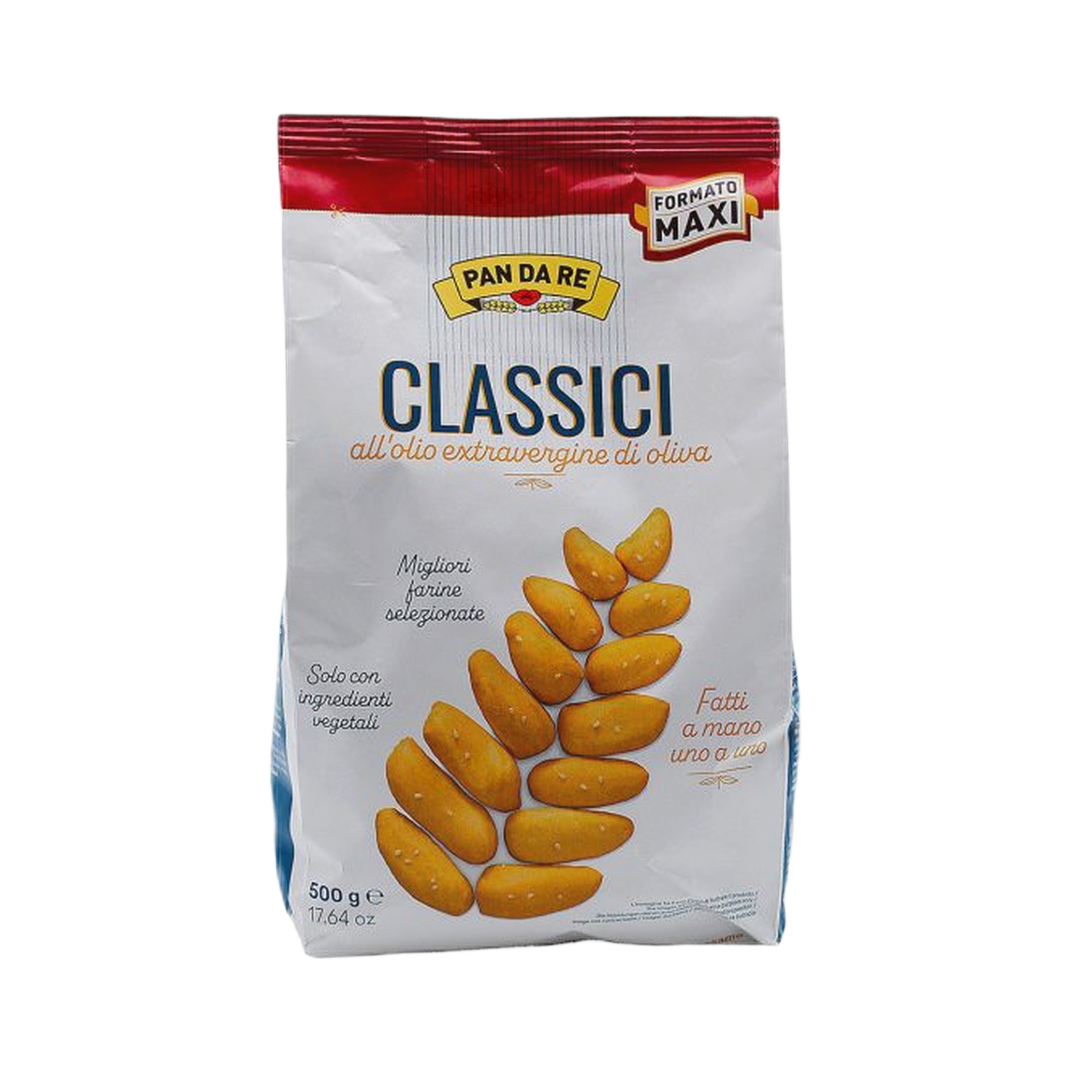 Grissini Pan da Re all'olio extravergine 500 gr – KARTON 6 SZT. Rzemieślnicze włoskie paluszki grissini z oliwą z oliwek i sezamem bez tła