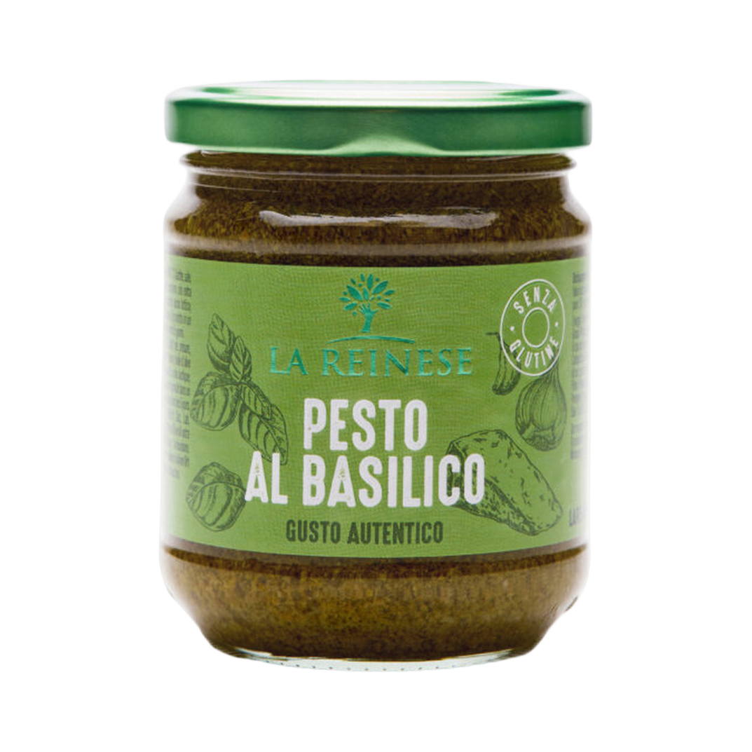 Pesto alla Genovese con Basilico DOP 180 gr. (KARTON 6 SZT) – Gotowy sos pesto z bazylii, orzeszków piniowych, nerkowca i sera grana w oliwie z oliwek 180 g bez tła