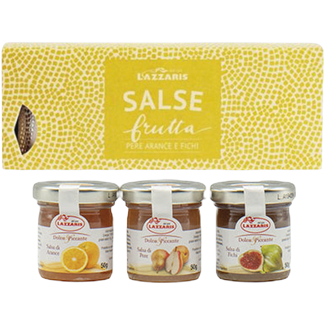 Tris di salse dolci e piccanti 3x50 g: fichi, pere, arance. (1 OPAK= 3 SZT) – Trzy salsy 3 x 50g: figowa, gruszkowa, pomarańczowa bez tła