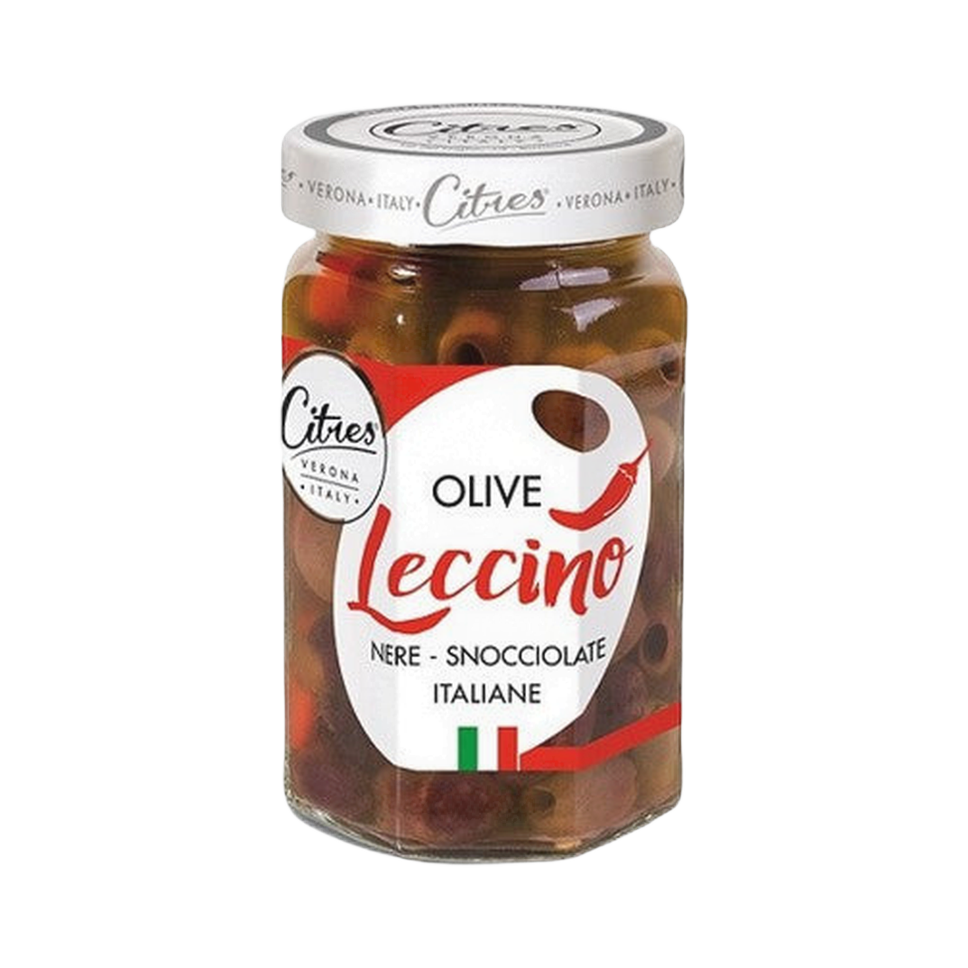 Olive leccino snocciolate con peperoncino 290 gr – Oliwki czarne leccino z ostrą papryczką 290 g bez tła