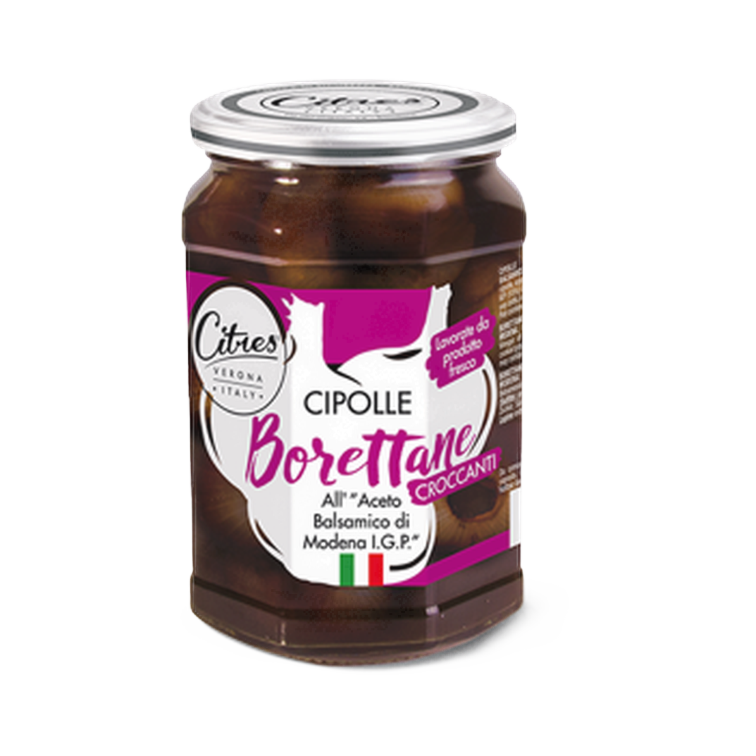 Cipolle borretane all' aceto balsamico IGP 540 gr – Cebulki borretane w occie balsamicznym IGP 540 g bez tła