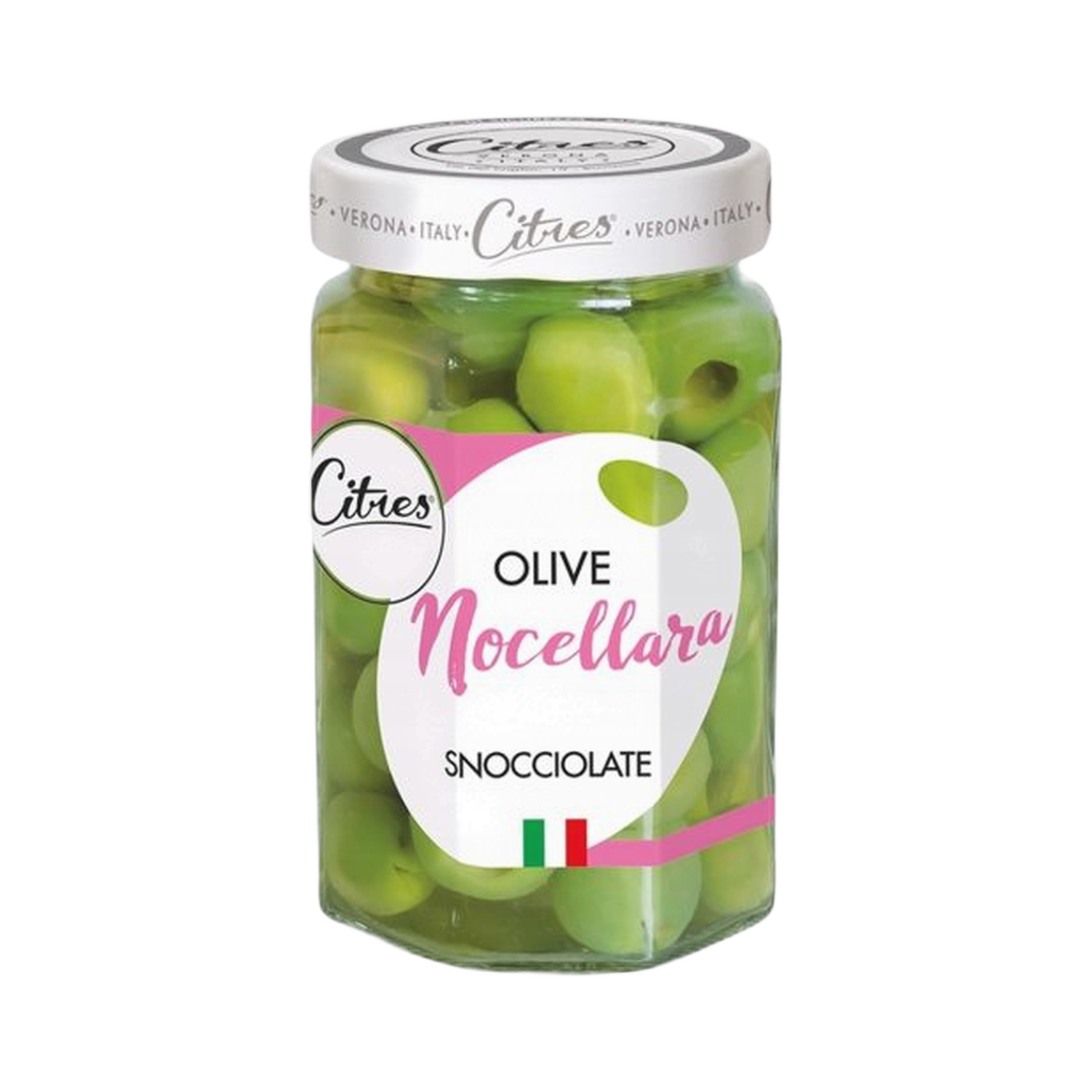 Olive Nocellara Snocciolate 290 g – Sycylijskie zielone oliwki Nocellara bez pestek 290 g bez tła
