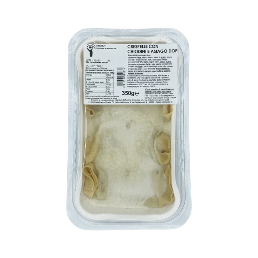 Gambuti Crespelle chiodini asiago 350 gr – Naleśniki z farszem z opieniek i sera Asiago w sosie beszamelowym 350 g bez tła