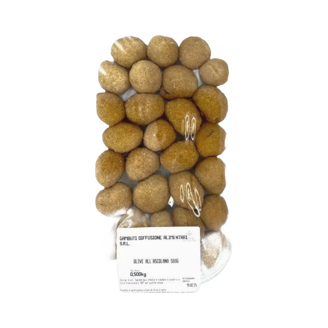 Gambuti Olive Ascolane 500 g – Zielone oliwki z mięsnym farszem w chrupiącej panierce 500 g bez tła