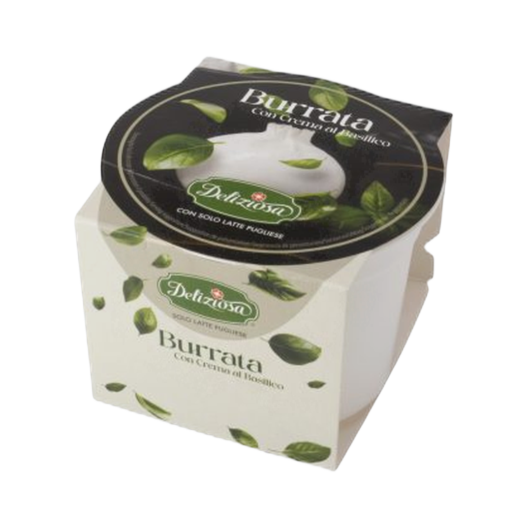 Burrata con crema al basilico Deliziosa 125 gr x 6 – Świeży ser typu pasta filata ze śmietankowym sercem i kremem bazyliowym 125 gr x 6 sztuk bez tła