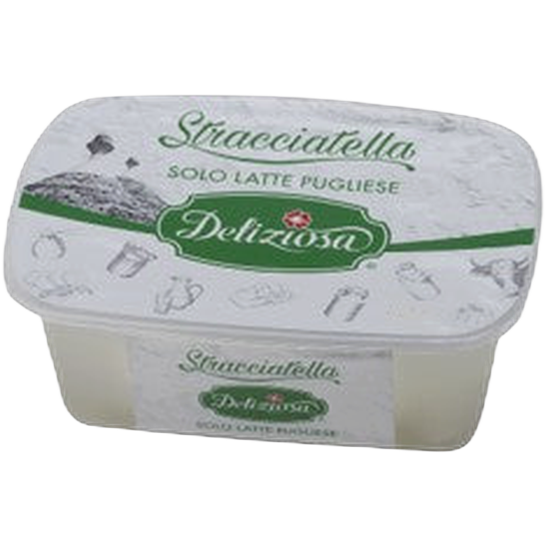 Stracciatella Deliziosa 250 gr x 8 – Świeży miękki serek krowi typu pasta filata z dodatkiem śmietanki 250 g x 8 sztuk bez tła