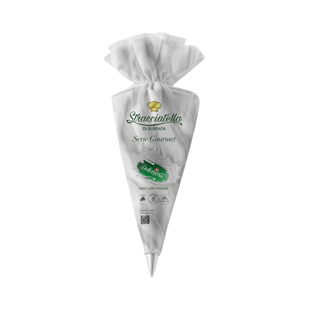 Stracciatella Deliziosa in sac a poche 250 gr x 6 – Świeży miękki ser z mleka krowiego z dodatkiem śmietany w rękawie cukierniczym 250 g x 6 sztuk bez tła