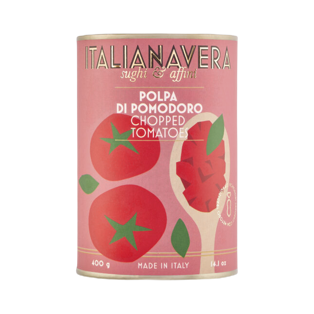 Polpa di Pomodoro 400 g – Italianavera. Pomidory krojone w dużą kostkę, bez pestek, w gęstym soku 400g bez tła
