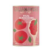 Polpa di Pomodoro 400 g – Italianavera. Pomidory krojone w dużą kostkę, bez pestek, w gęstym soku 400g bez tła