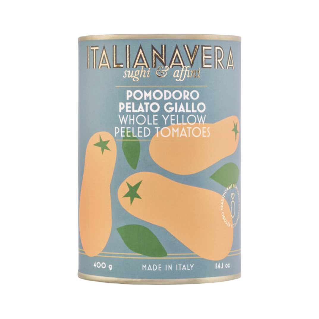Pomodoro Pelato Giallo 400 g – Italianavera. Żółte, całe pomidory bez skórki o niskiej kwasowości i słodkim smaku 400 g bez tła