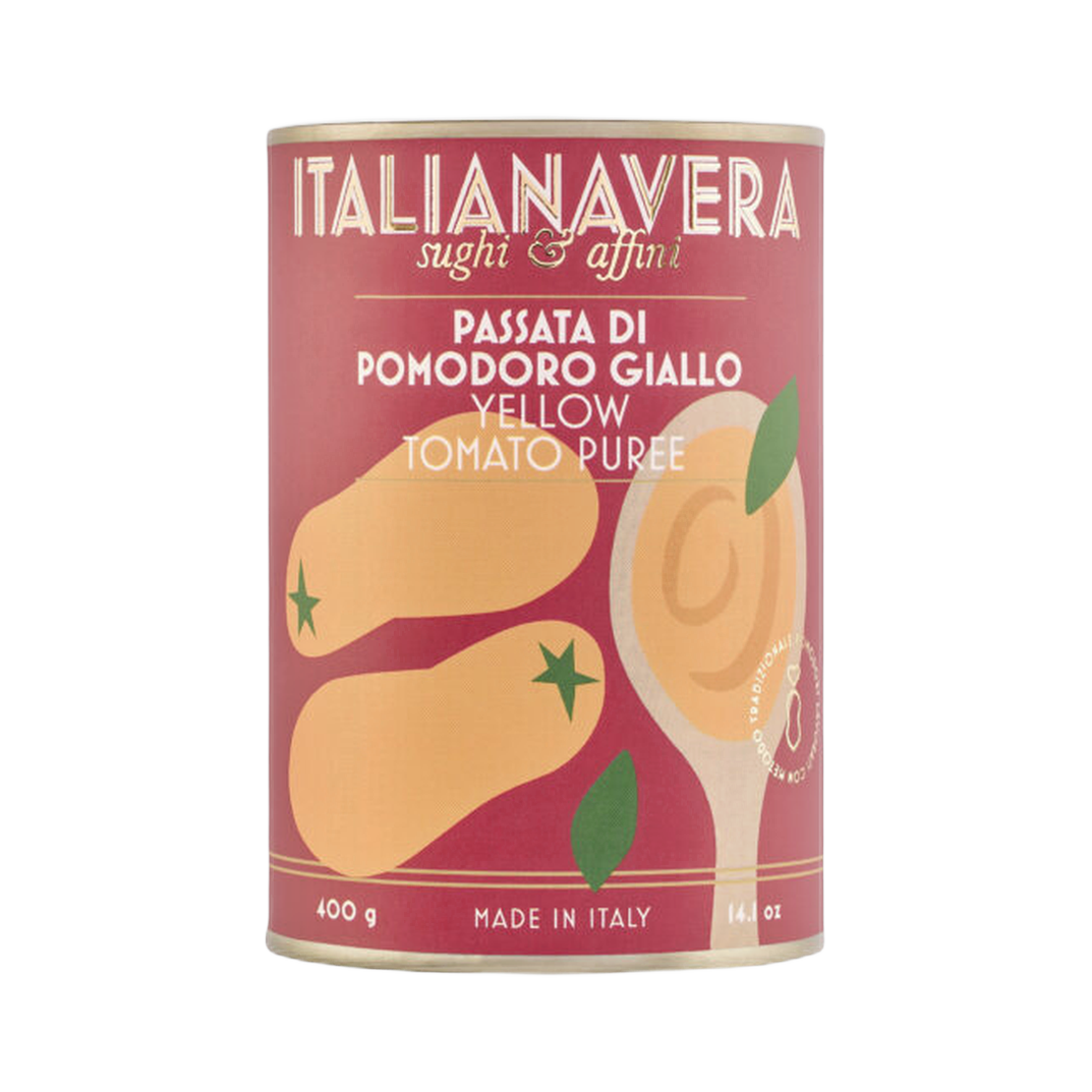 Passata di Pomodoro Giallo 400 g – Italianavera. Passata z żółtych pomidorów, naturalnie słodki i o niskiej kwasowości 400 g bez tła