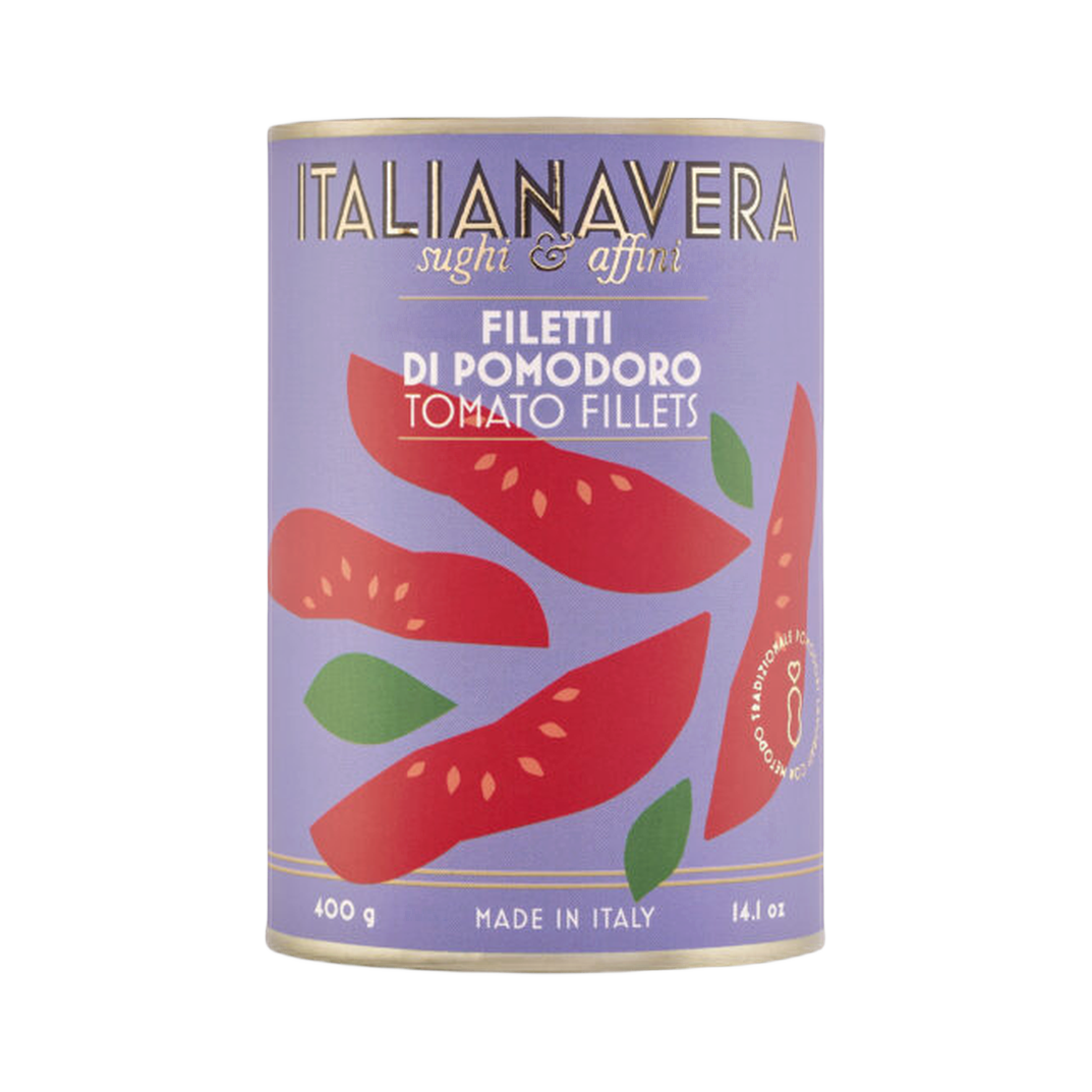 Filetti di Pomodoro Pelato 400 g – Italianavera. Filety obranych pomidorów w sosie własnym 400 g bez tła