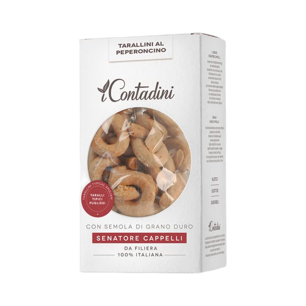 Tarallini grano duro al peperoncino 250 gr – Włoska przekąska z ostrą papryczką peperoncino 250 g bez tła