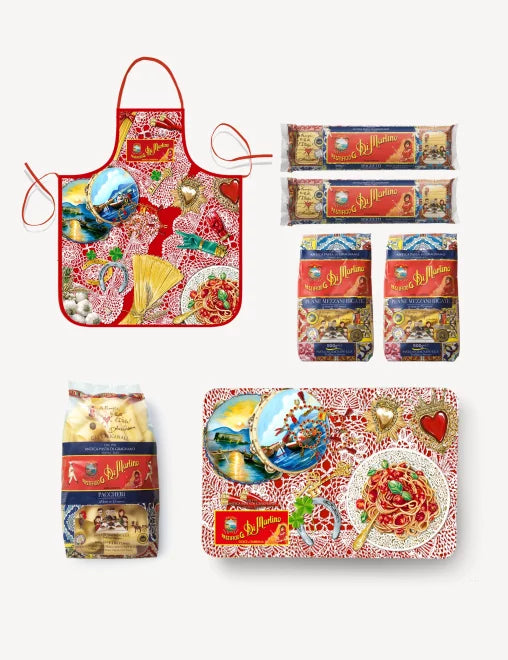 Dolce & Gabbana Portafortuna – kolekcjonerska puszka z makaronami Pasta di Gragnano IGP 5 × 500 g + fartuszek D&G